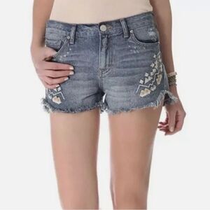Free People Distressed Raw Hem Embroidered Tribal Aztec Boho Denim Shorts Sz 28